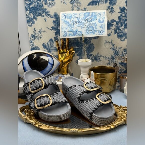 🆕 LOEFFLER RANDALL 🧿 NWOB Theo Embroidered Raffia Platform Sandal, Blue Sz 8 - Picture 2 of 15